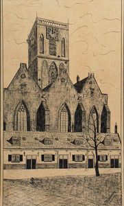 878214 Afbeelding van een pentekening met een gezicht op de westgevel van de Jacobikerk in Wijk C, vervaardigd door J. ...